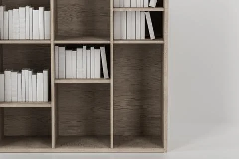 Bookshelf with books inside in the empty new house, 3d rendering. Stock Illustration