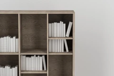 Bookshelf with books inside in the empty new house, 3d rendering. Stock Illustration