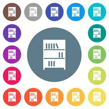 Bookshelf with books solid flat white icons on round color backgrounds Stock Illustration