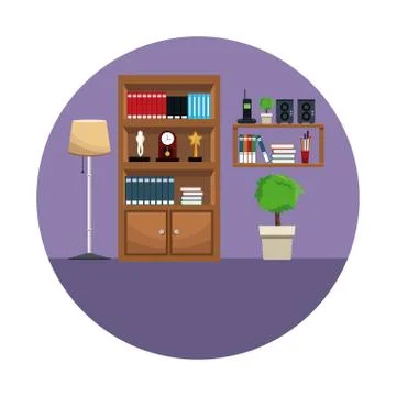 Bookshelf encyclopedia award clock shelf telephone radio plant floor lamp Stock Illustration