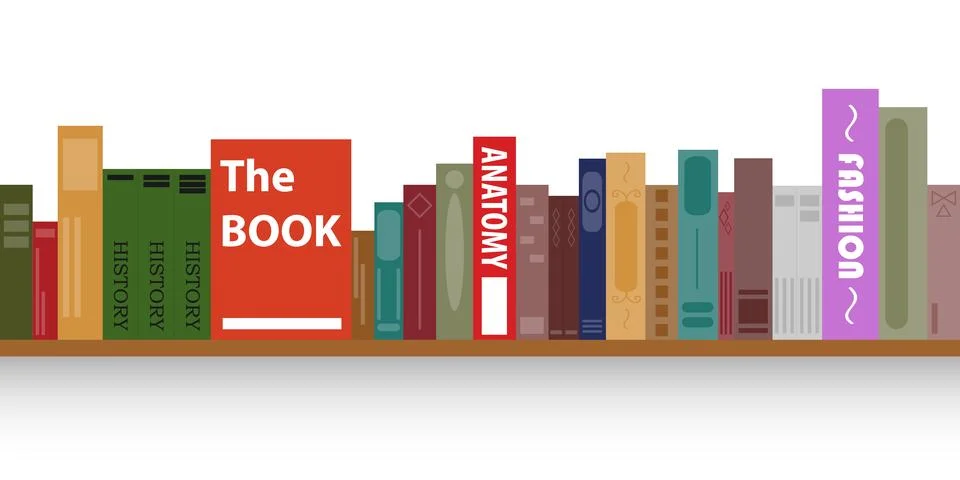 Bookshelf flat vector background texture close up with colorful textbooks Stock Illustration