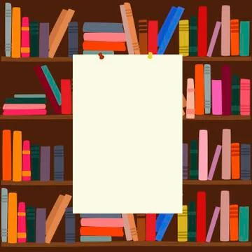 Bookshelf in library with empty blank board on it Stock Illustration