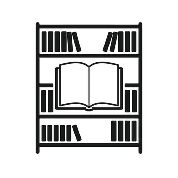 Bookshelf library icon with open book in center black flat vector graphic. Stock Illustration