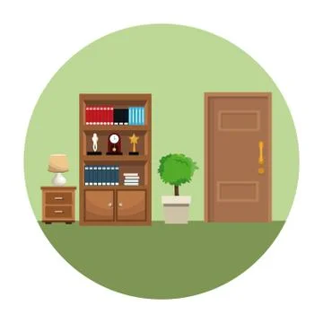 Bookshelf pot tree small table lamp trophy clock encyclopedia Stock Illustration