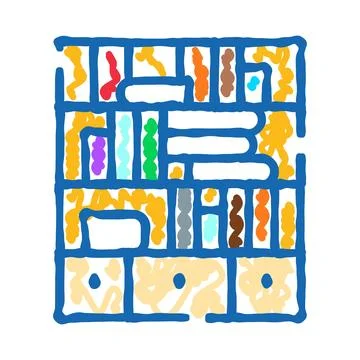 Bookshelf storage organization displaying various items Stock Illustration
