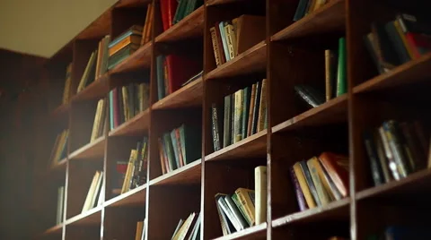 Bookshelves in university library with lots of books Stock Footage