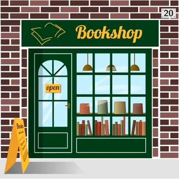 	Bookshop building facade of brown brick.  Stock Illustration