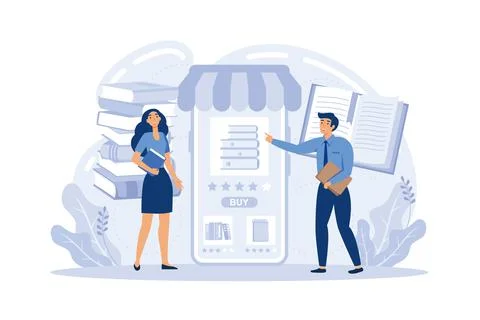 Bookstore application on smartphone screen. Man client purchase book online. Stock-Illustration