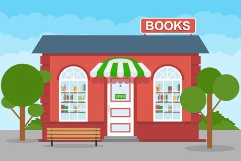 Bookstore, bookstore facade against the backdrop of the urban landscape. Stock Illustration