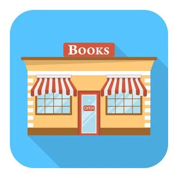 Bookstore building flat icon with long shadow on blue background Ilustración de archivo