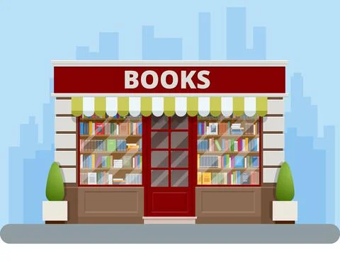 Bookstore facade in flat style isolated on white background. Books, science Stock Illustration