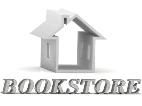 BOOKSTORE- inscription of silver letters and white house on white background Stock Illustration