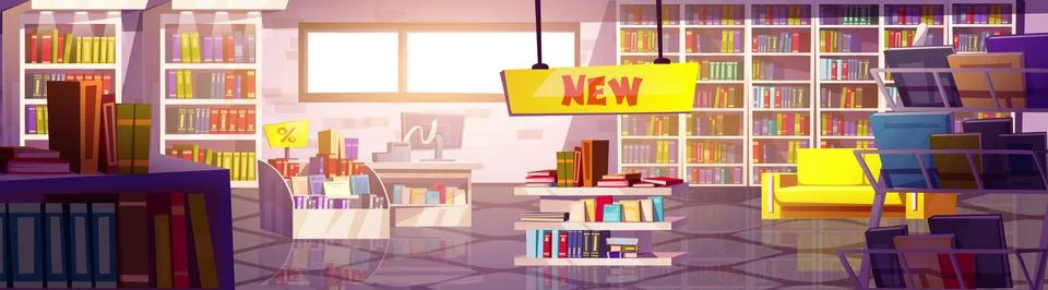 Bookstore interior background. Book store cartoon Stock Illustration