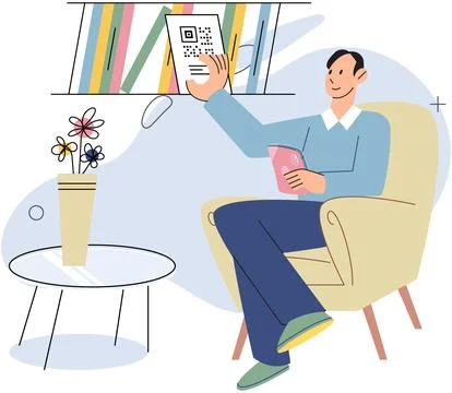 Bookstore on smartphone application. Male client chooses books in online store Stock Illustration