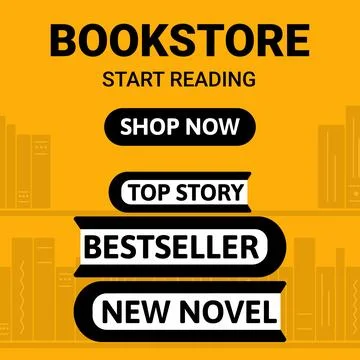 Bookstore square banner, stack of books. Bookshop promo poster vector template Stock Illustration