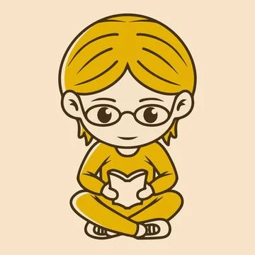 Bookworm chibi character reading a book, sitting cross legged in yellow ret.. Stock Illustration