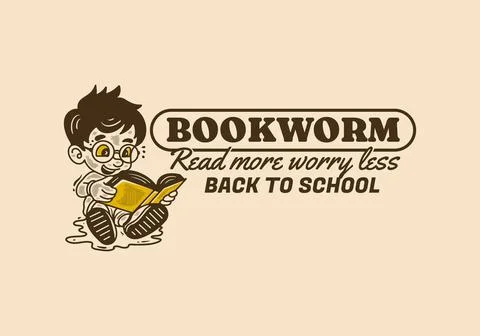 Bookworm, read more worry less, illustration of a little boy sitting and re.. 스톡 일러스트