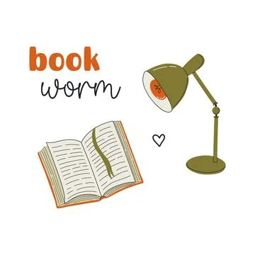 Bookworm.Cute composition with open book and table lamp. Stock Illustration