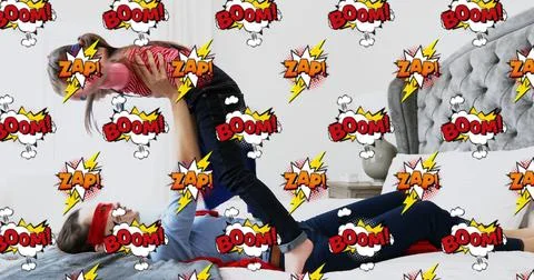 Boom! and zap! in retro comic bubbles as girl dressed as a superhero is lifted Stock Illustration