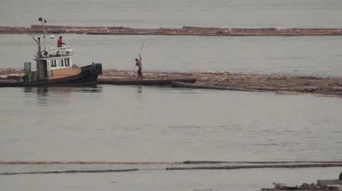 Boom Boat Crew Moving Logs Vancouver Island.m2ts Stock Footage 3225317