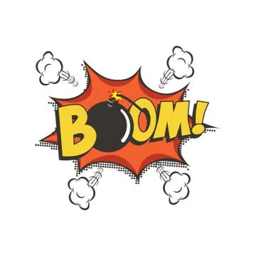 Boom comic text speech bubble with bomb. Vector isolated sound effect puff cloud Illustrazione stock