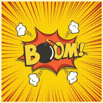 Boom comic text speech bubble with bomb. Vector isolated sound effect puff cloud Illustrazione stock