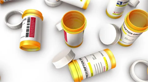 Boom down from single Empty Pill Bottle revealing endless Bottles Stock Footage 39884562