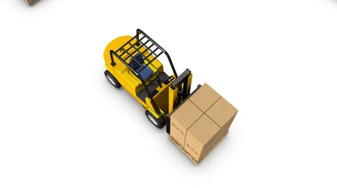 Boom down from single Forklift with Box revealing endless Forklifts with Boxes  Stock Footage 33910410
