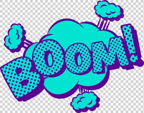 BOOM! exploding in comic design with dotted turquoise purple-outlined text, Stock Illustration