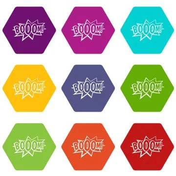 Boom, explosion bubble icon set color hexahedron Stock Illustration