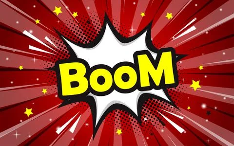 Boom isolated comic text speech bubble. Halftone vector illustration banner. Stock Illustration
