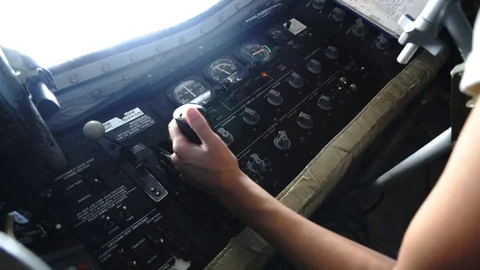 Boom operator controlling joystick during aerial refeul exercise Stock Footage 109160467