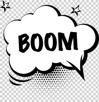 BOOM is popping in 2D speech bubble with stars, halftone dots, motion lines, Stock Illustration