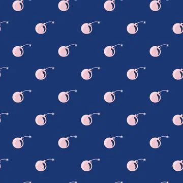 Boom seamless pattern with pink little bomb silhouettes. Blue bright backgrou 스톡 일러스트