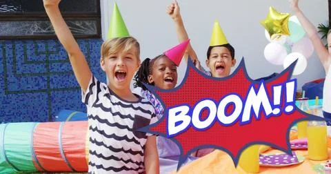 Boom! text in retro bubble over kids at a vintage-themed birthday party. Stock Photos