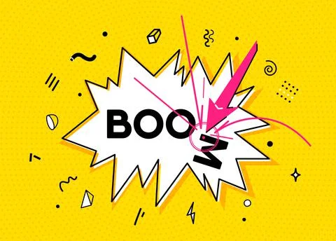 Boom vector background. Surprise burst with font text sign, arrow in target Stock Illustration