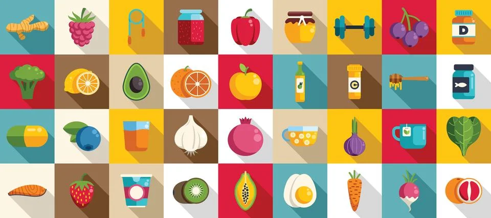 Boost immune icons set. Maintaining optimal health, promoting wellness thro.. Stock Illustration