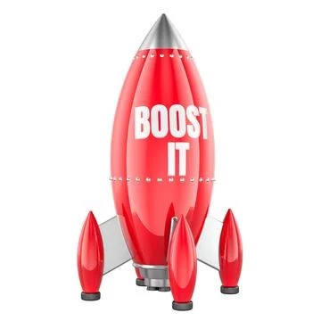 Boost It, red rocket with text. 3D rendering Stock Illustration
