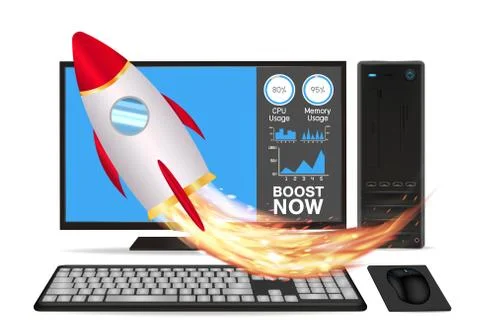 Boost speed desktop computer with toy rocket Stock Illustration