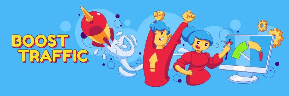 Boost traffic poster with flying rocket Illustrazione stock