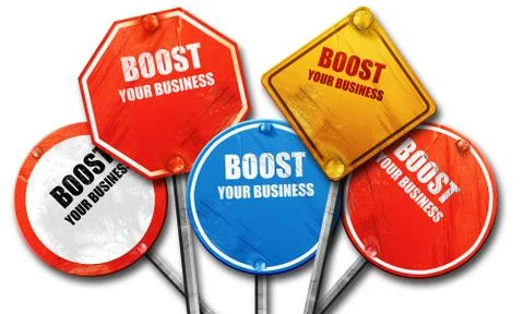 Boost your business, 3D rendering, rough street sign collection Stock Illustration