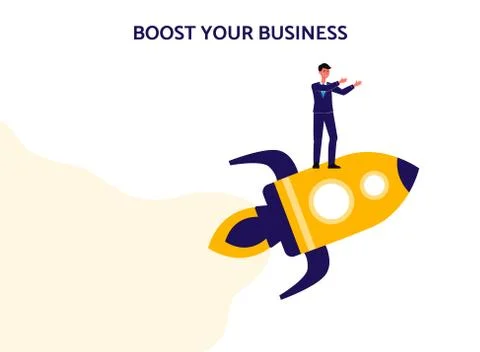 Boost your business - flat isolated banner with businessman flying on rocket. Illustrazione stock