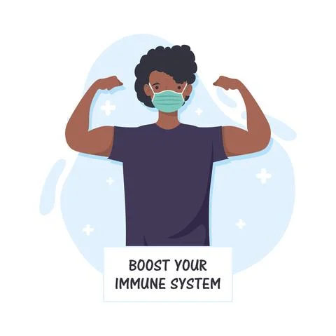 Boost your immune system lettering with afro strong man wearing medical mask Stock Illustration