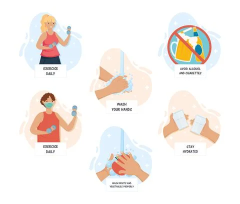 Boost your immune system set of recommendations and people Stock Illustration
