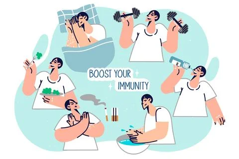 Boost your immunity is recommended by man, demonstrating various health benefits Stock Illustration