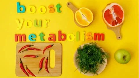 Boost your metabolism top view. Products for weight loss. Stop motion animation Stock Footage 157925567