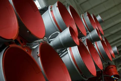 The boosters of the Soyuz rocket are seen as the Soyuz TMA-14 spacecraft a... Stock Photos