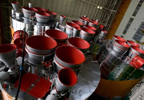 The boosters of the Soyuz rocket are seen as the Soyuz TMA-14 spacecraft a... Stock Photos