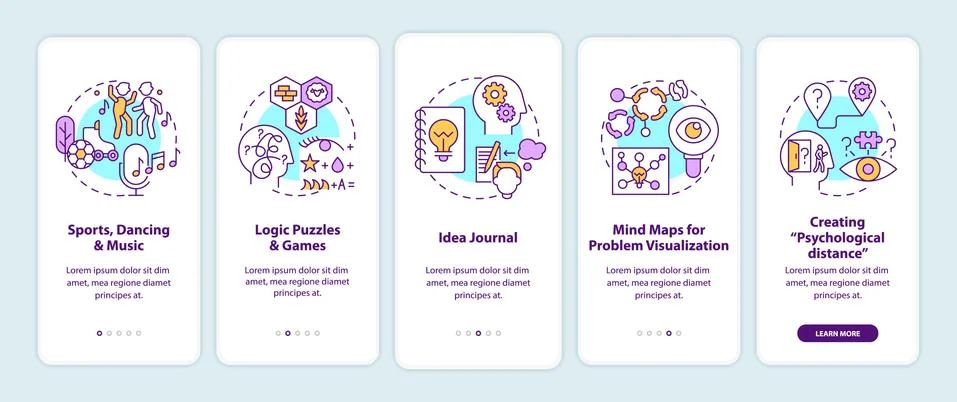 Boosting problem solving skills tips onboarding app page screen with concepts 스톡 일러스트