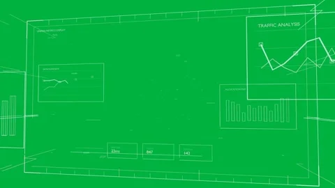 On boot 3D HUD showing panels, panning, swarm shifting to show throughput on Stock Footage 335781004